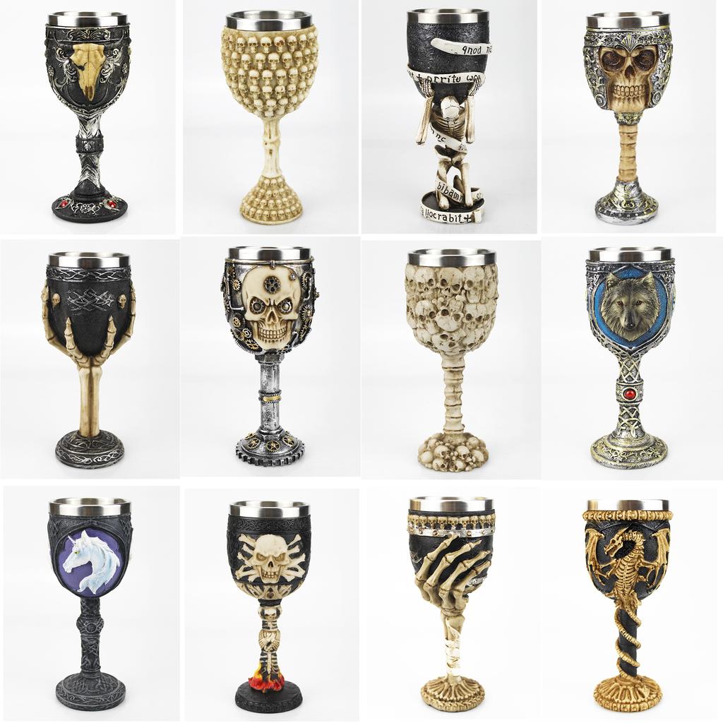 Gothic Goblet 3D Viking Stainless Steel Resin Skull Wine Goblet Dragon Claw Skeleton Spine Whiskey Cup Wine Glass for Halloween