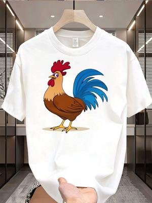 Unisex Summer Rooster Print T Shirt Streetwear Crew Neck Soft Breathable Loose Fashion Top Male Daily Short Sleeve Animal Tee