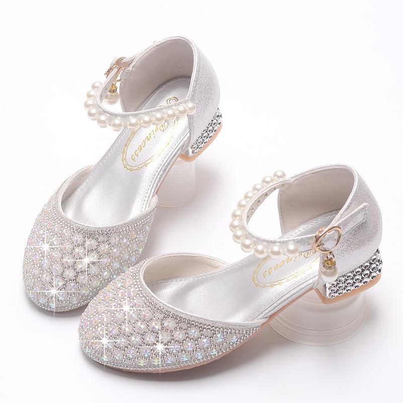 Children's High-heeled Shoes, Princess Dress Shoes for Girls, Crystal Shoes for Little Girls, Single Shoes with Pearls and Sparkling Diamonds for