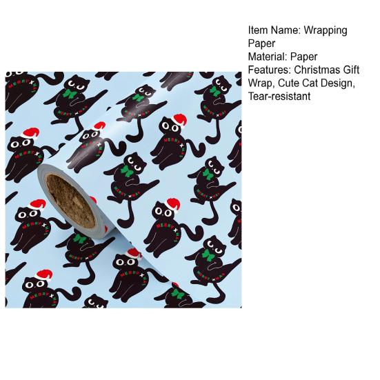 Christmas Cat Wrapping Paper 16.4 Ft Cute Black Cats Gift Wrap Roll Holiday Gift Wrap for Boys Girls Cat Lovers Christmas Party