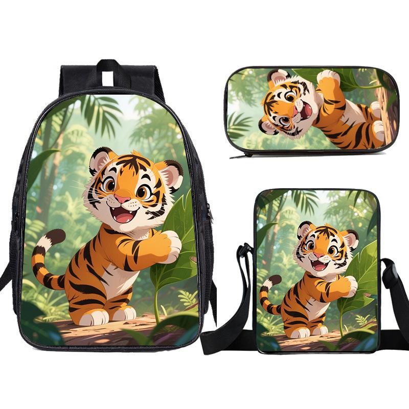Zaino a forma di tigre dei cartoni animati, grande capacità, zaino per scuola elementare, set da tre pezzi, zaino per bambini, borsa a tracolla, astuccio