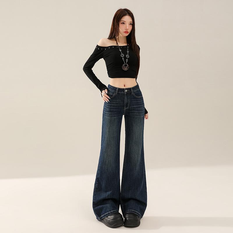 Heart-shaped pocket micro-flared jeans women's autumn new high-waisted retro thin horseshoe pants without legs