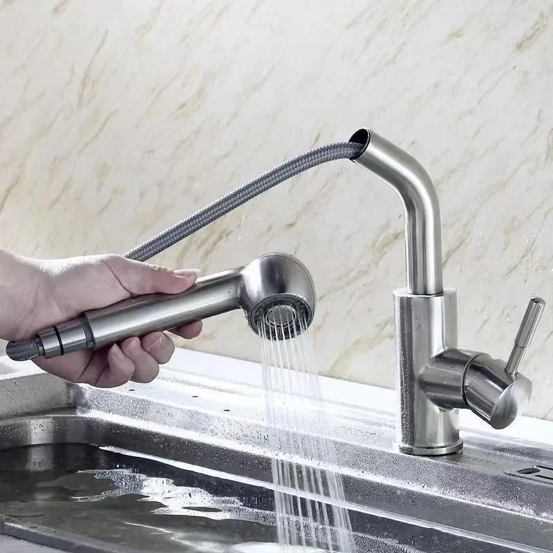 Spray Kitchen Faucet Stainless Steel Pull Out Rotation Faucet Hot Cold Mixer Tap Single Handle Kitchen Sink Faucet Deck Mounted