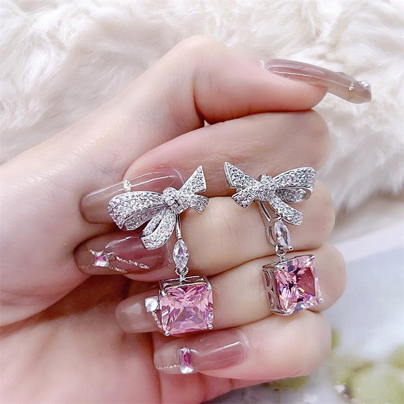 

Trendy Bowknot Crystal Drop Earrings For Women Romantic Pink Geometric Zircon Dangles Wedding Jewelry Accessories