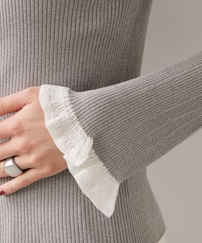 [BIS] Spitzengestrickter Pullover mit Bündchen, Hellgrau (08) F.