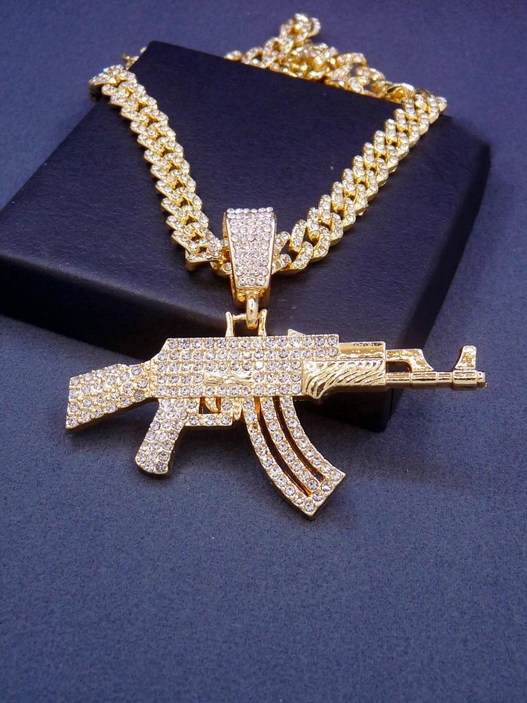 Men's Hip Hop 14K Gold Plated AK Gun Pendant Necklace Rhinestones Daily Party Wear Fashion Zircon Accessory