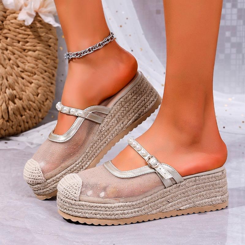 

Мода 2025 Мода Женская обувь Закрытый носок Женские тапочки Летние Уличные Большой размер Стринги Сетка Бестселлер Платформа Тапочки 42 бежевый