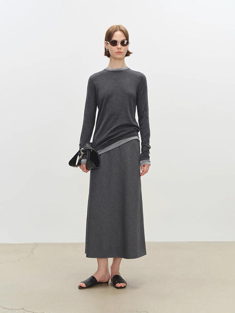 Wen Jiu A-Line Long Skirt: Slanted Cut Wool, Solid Color, Winter Elastic Waist, Slimming Half Skirt