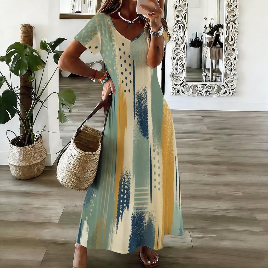 Women Plus Size V Neck Short Sleeve Printed Casual Straight Long Dress