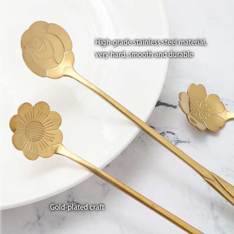 6pcs Gold Flower Stainless Steel Tea Spoons Set Coffee Spoon Honey Dessert Ice Cream Scoop Teaspoon Cafe  Long Handle Tableware