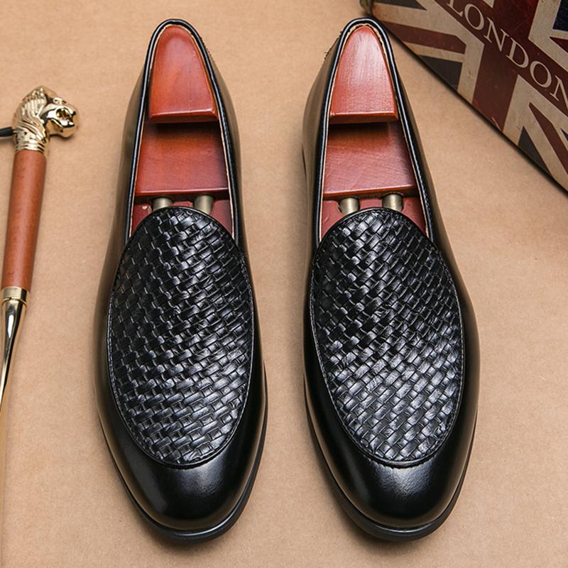 New Italy Designer Knit Pattern Leather Driving Shoes For Men Dress Evening Wedding Office Footwear Prom Sapato Social Masculino