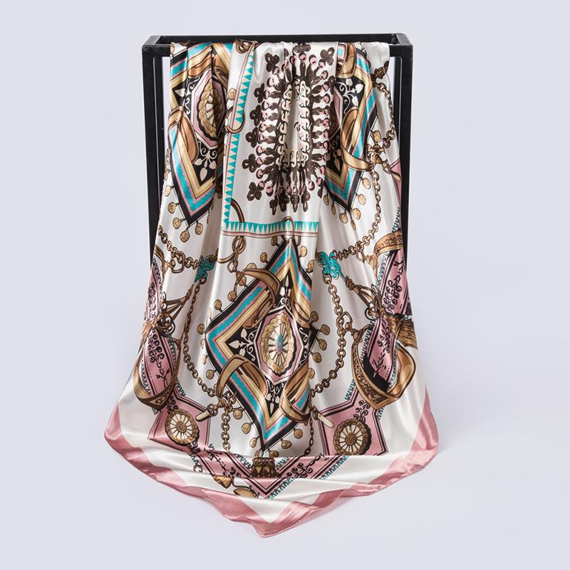 Satin Square Scarf Women Muslim Hijab Elegant 2026 Chains Print Neckerchief Shawl Wraps Headband Handle Hair Accessories Bandana
