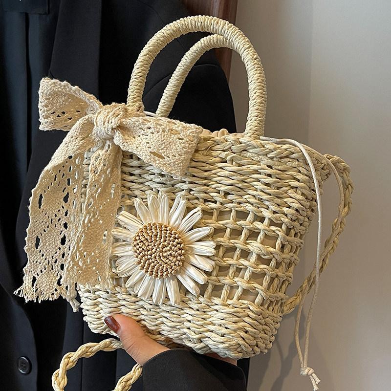 Women Straw Woven Handbag Daisy Flower Lace Bow Summer Beach Bag Small Tote Crossbody Boho Style Shoulder Bag