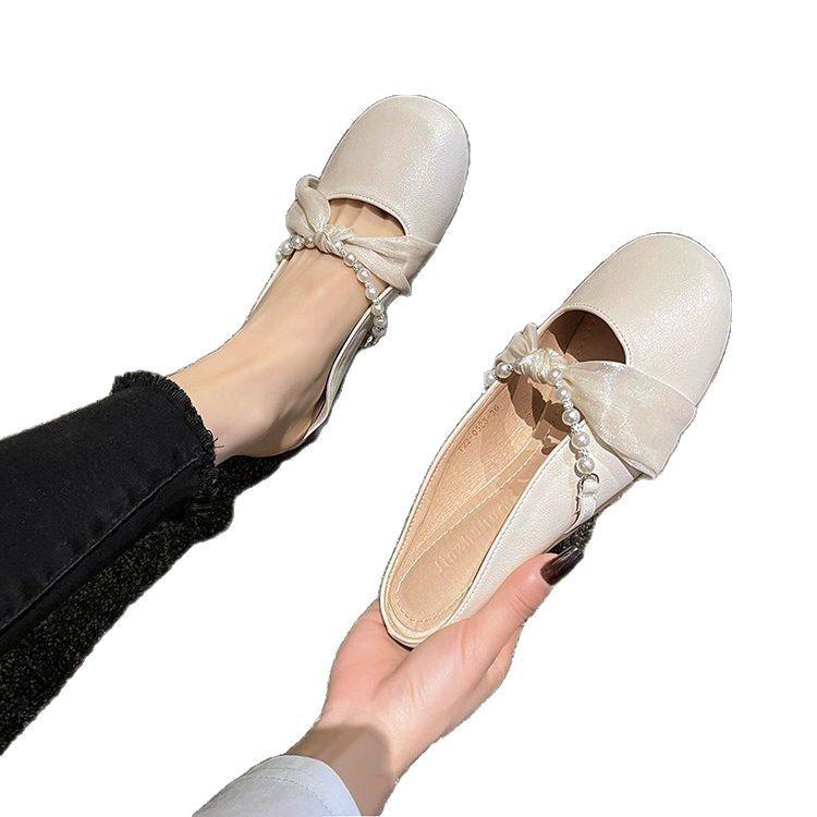 Baotou Half Slippers Women's Spring and Summer 2025 New Outer Wear Pearl Fairy Gentle and Versatile Flat-bottomed Muller Cool Slippers