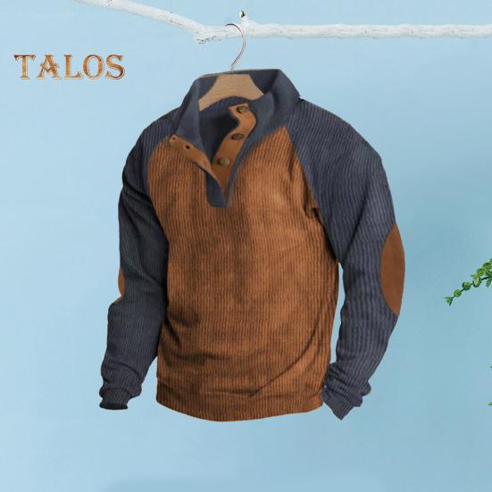 Spring Autumn Men Sweatshirt Colorblock Patchwork Retro Style Half-open Stand-up Collar Top Plus Size Loose Long Sleeves Top Daily Life Office