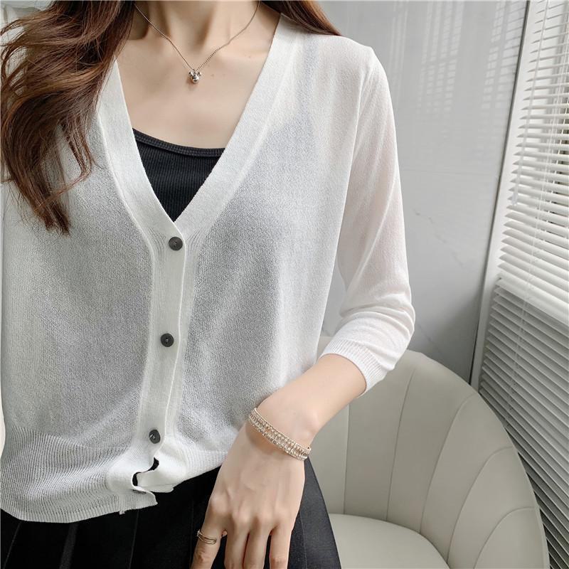 Ice Silk Light Knit Summer Cardigan - White, Slim Fit Sun Protection with Long Sleeves