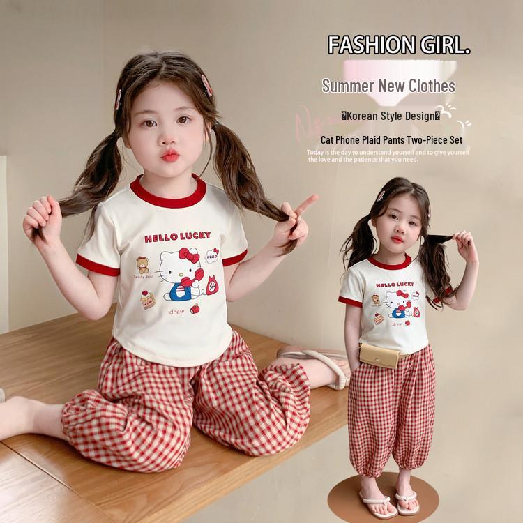 2026 Toddler Girls Cat Plaid Summer Two-Piece Set 140cm