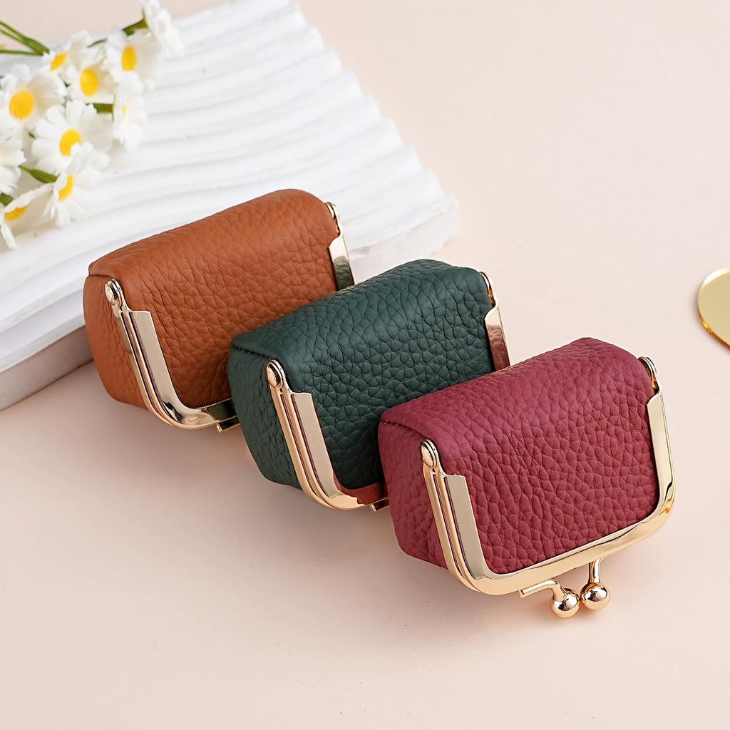 Damen Mini-Münzbörse aus echtem Leder Unifarbene Kussverschluss-Münztasche Lässige kleine Aufbewahrungstasche