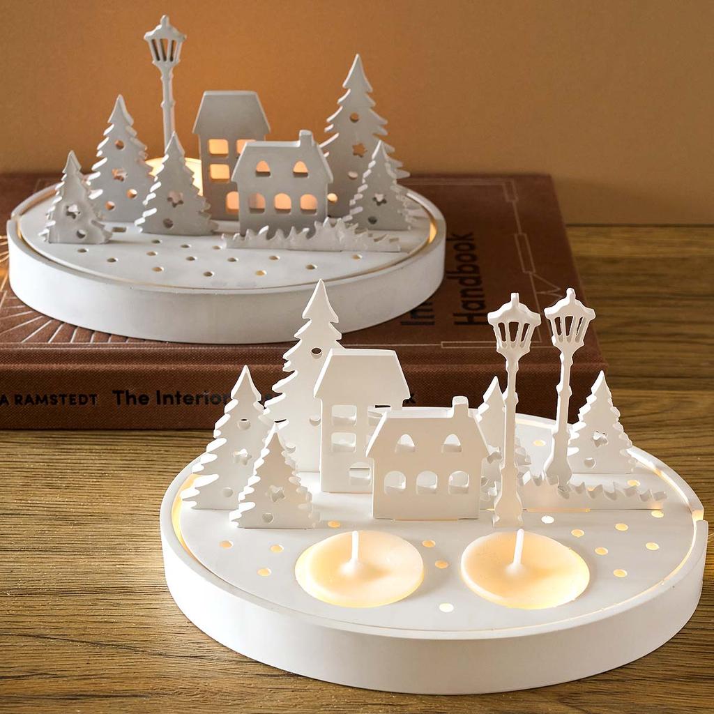 Round Candle Holder Silicone Mold with Hollow Tree House Street Lamp DIY Nightlight Silhouette Candlestick Mold 3D Plaster Craft