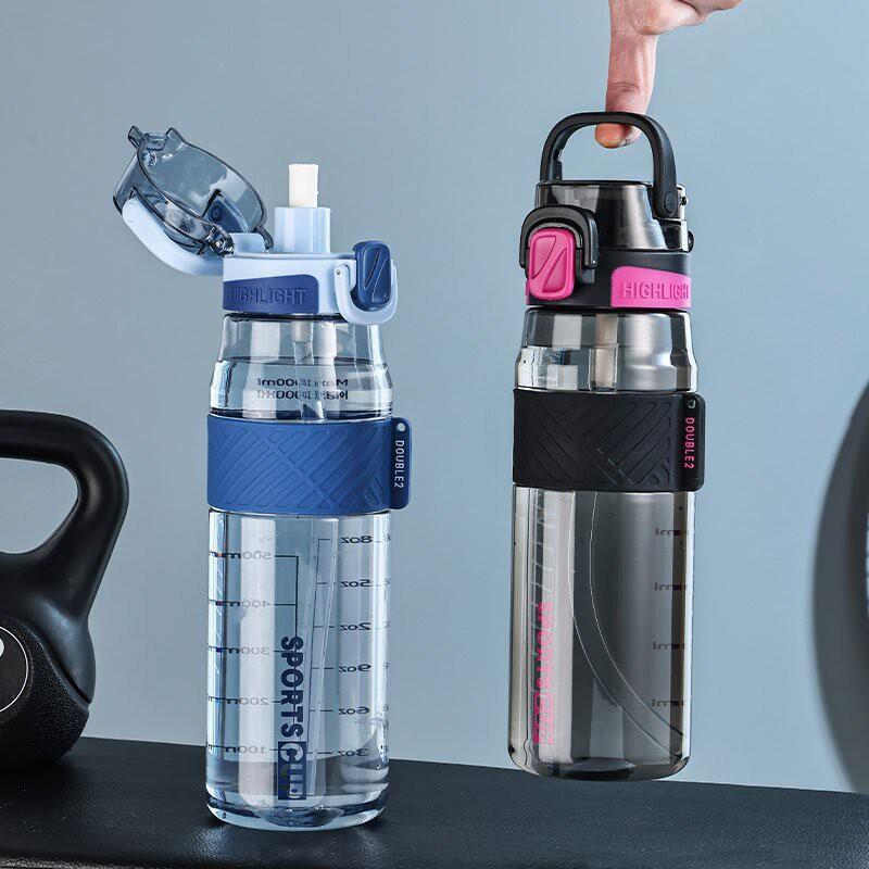 Large Capacity Sport Water Bottle With Removable Straw Leakproof Portable Tritan Cup Measurement Marks 600ml/800ml/1000ml