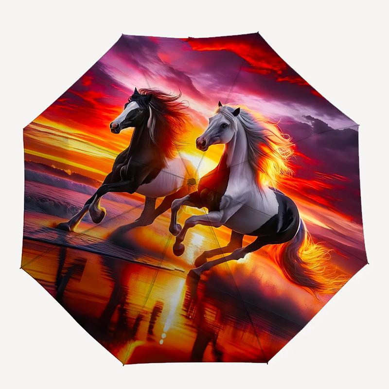 Sunset,Horses Automatic Folding Umbrella Compact 8 rib Design,Unique Style,Suitable for Everyday Outdoor Use,Perfect Gift for Friends