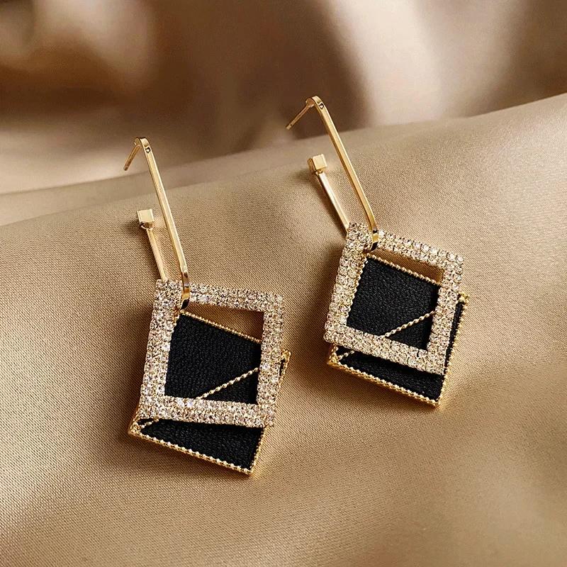 Accessories for Women Black Geometric Double Square Hoop Earrings for Women Statement Rhinestone Earring Jewelry Pendientes Muje