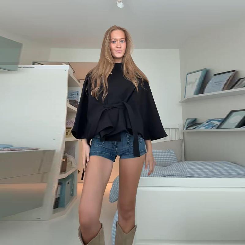 

Пальто-накидка из искусственной шерсти с воротником-стойкой и рукавами «летучая мышь», женское короткое пальто на одной пуговице, кардиган, для повседневной носки, осень 2025, теплое пальто, полиэстер XS чёрный