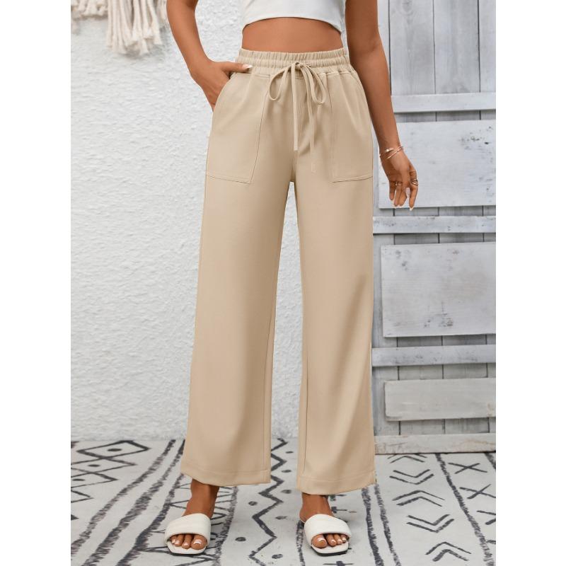 Summer New Women's Casual Drawstring Flowing Trousers Wide Leg Pants with Pockets