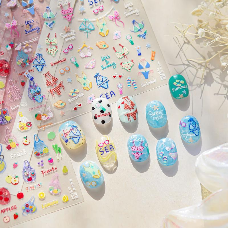 Kawaii Red Jelly Tomato Nail Art Sticker Bowknot Star Cute Summer Fruit 5D Fruit Self Adhesive Nail Art Decals For Summer Diy