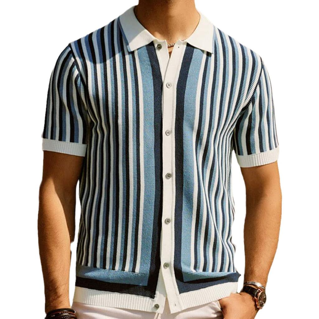 European and American Men's Striped Knit Sweater Icy Silk Knit Business Casual Polo Shirt