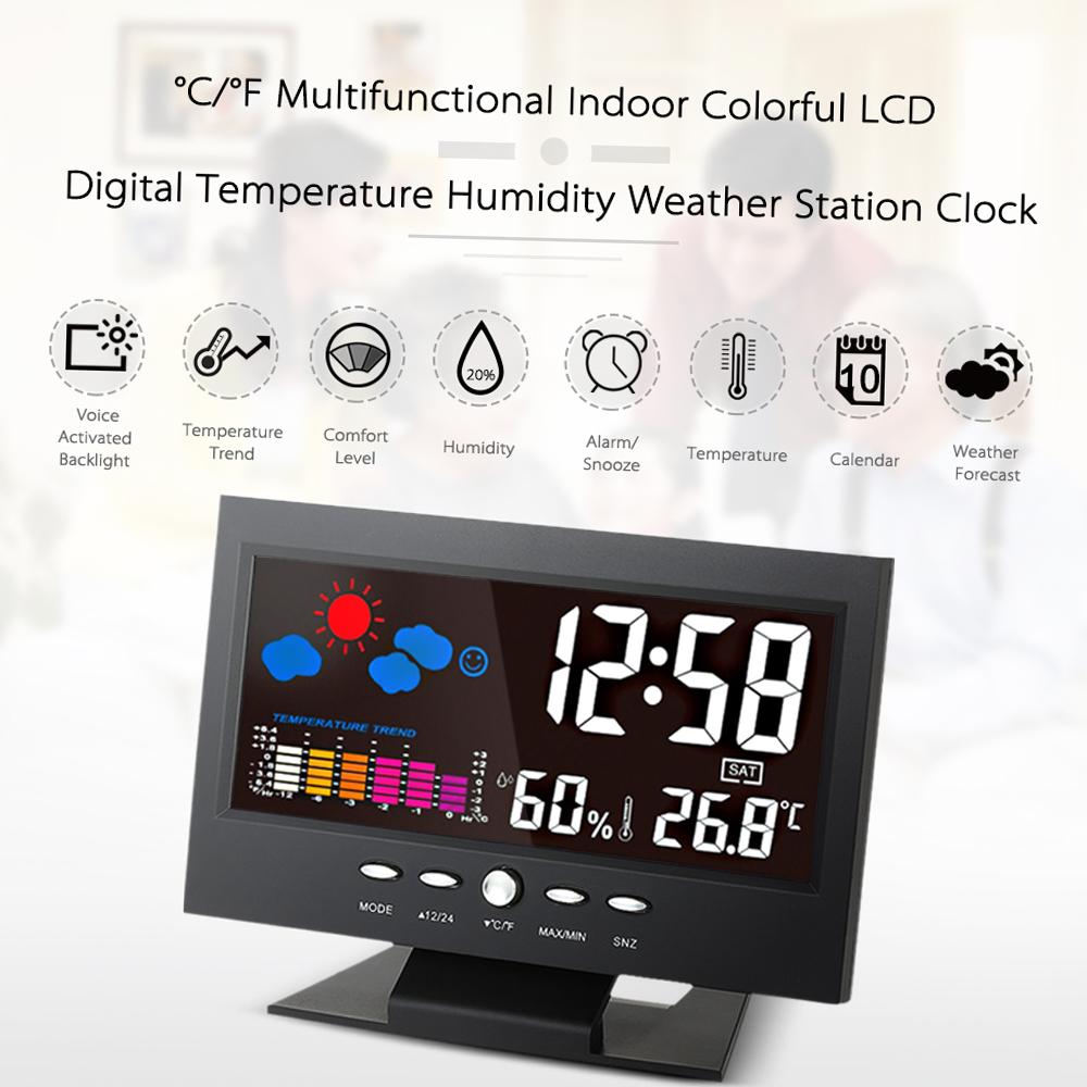 C/F Multifunctional Indoor Colorful LCD Digital Temperature Humidity Meter Clock Thermometer Hygrometer Calendar Temperature Trend Alarm Comfort