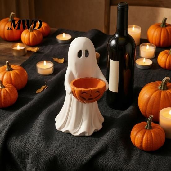 Porta Caramelle Decorativo Statuetta Fantasma di Halloween con Ciotola Zucca, Statua Carina in Resina, Souvenir Autoportante, Porta Dolcetto o Scherzetto per l'Ingresso