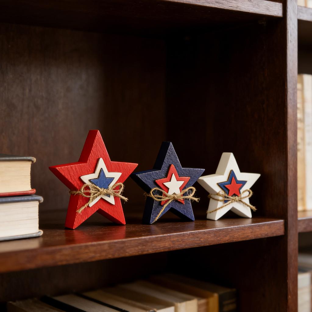 Wooden Star Decor Set Rustic Twine Bow Layered Design Freestanding Tabletop Home Ornament for Living Room Office