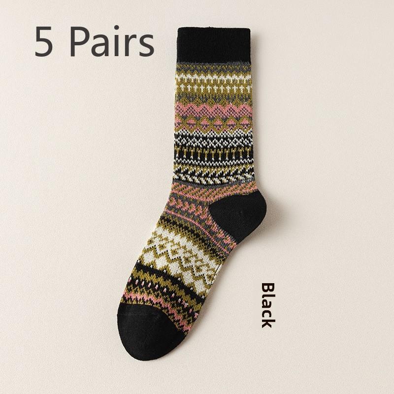 

5 пар женских носков для осени и зимы с ворсом средней длины с узором Майяра, женские носки с дезодорирующим эффектом, хлопковые носки с двойной иглой для весенних и осенних дорог 5 Pairs чёрный