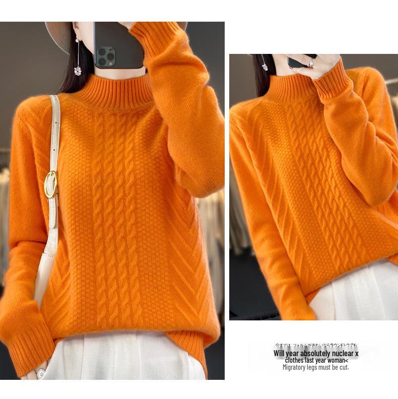 2023 Women's Autumn/Winter Thick Cable Knit Semi-High Neck Sweater