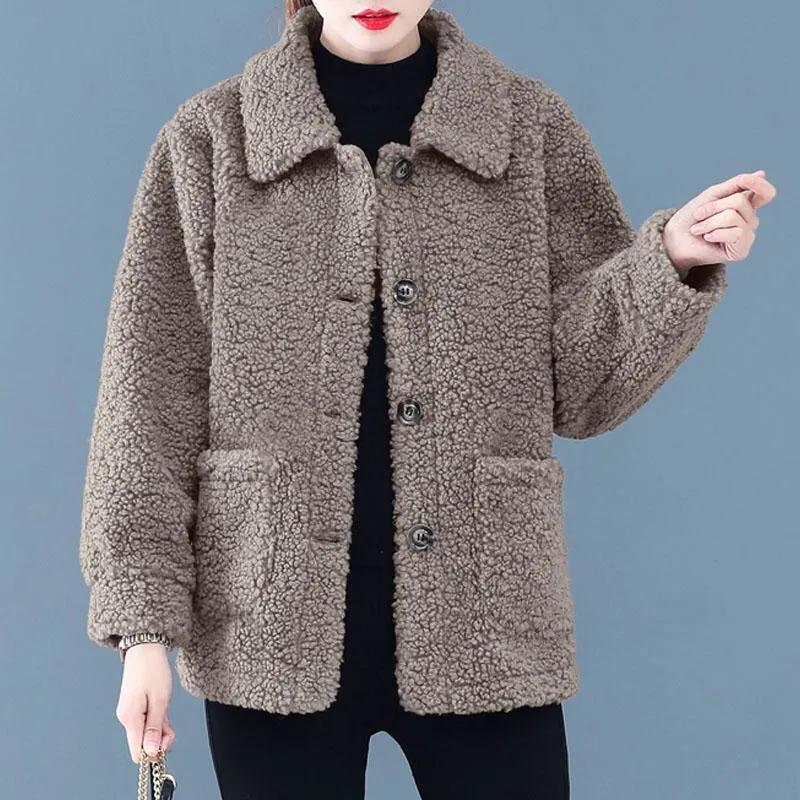 Women Jacket Lambskin Ladies Granular Fleece Cardigan Coat Autumn Winter Short Style for Middle-Aged Women