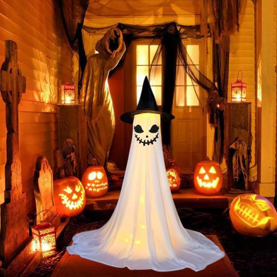 Yousheng Halloween Ghost Decoration Outdoor Standing Ghost with Witch Hat Light Up Spooky White Cloth Ghost for Porch Yard Garden Lawn Decor