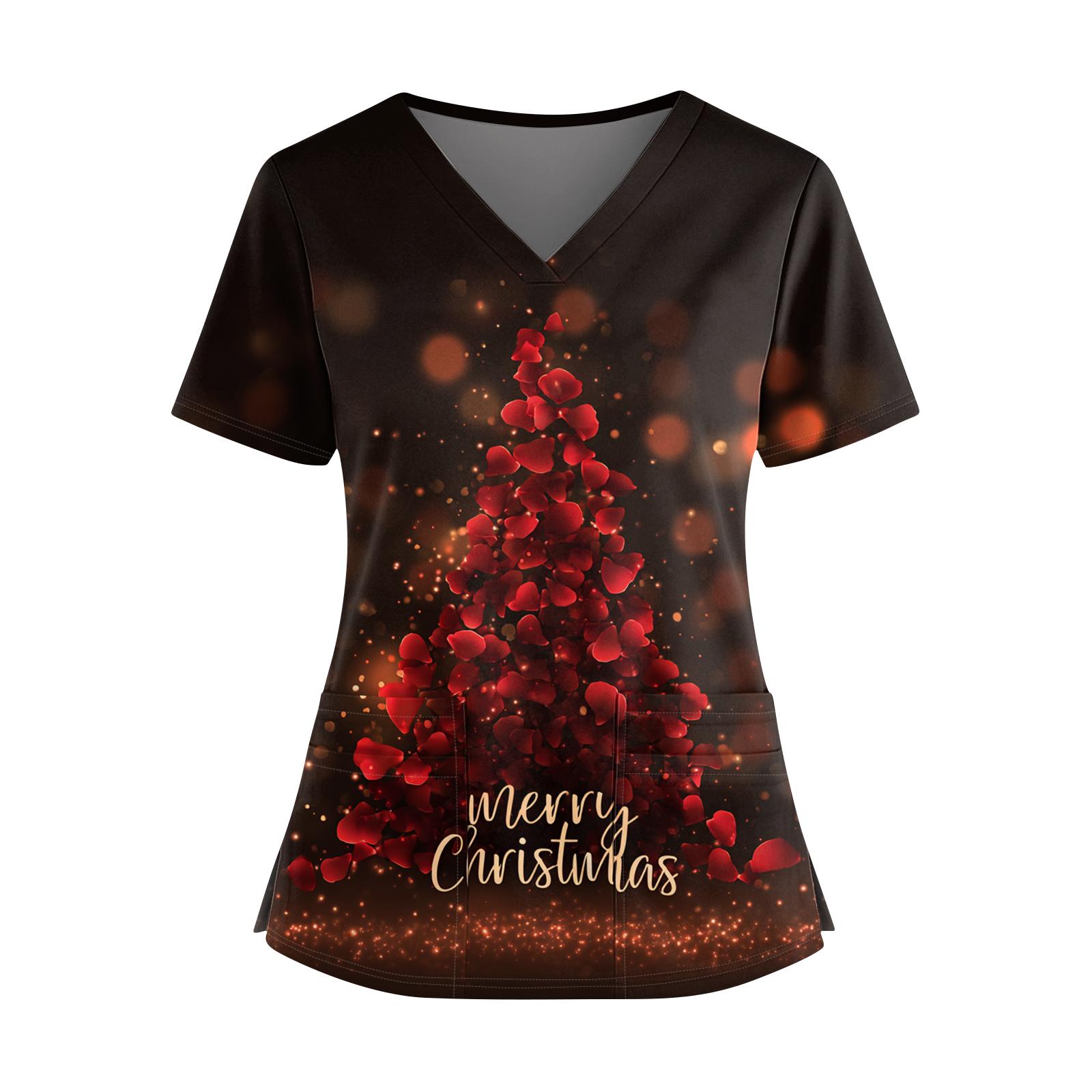 

Women s Christmas Printed V-Neck Double Pocket Short Sleeves Hem Slit Uniform Caregiver Top XXL винний