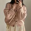 Autumn Simple Lazy Wind Bubble Sleeve Twist Pattern Loose Knitted Cardigan Sweater Jacket Women