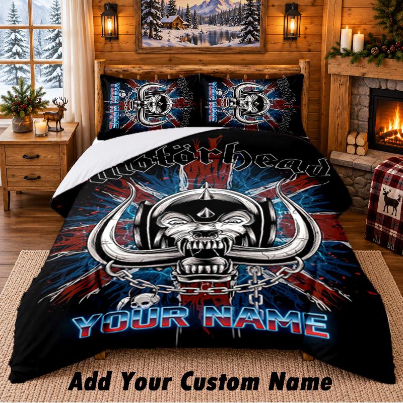 Motorhead Pattern Bedding 3Pcs Set Custom Name, Bed Sheet And Pillowcases For Home Bedroom