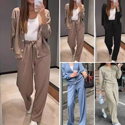 Conjunto de 2 Peças/Conjunto Camisa Calça Feminina Gola V Botão Único Manga Longa Tricô