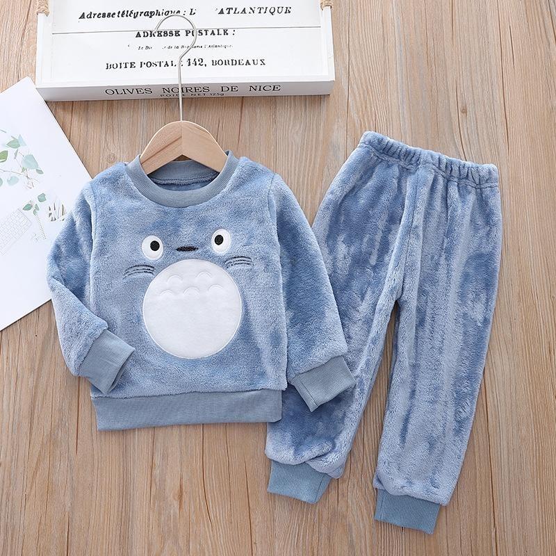 Småbarn Baby Gutter Klær Høst Vinter Barn Flanell Pyjamassett Tykk Varm Genser Tegneserie Søt bjørn Todelt Jentedress Joggedress