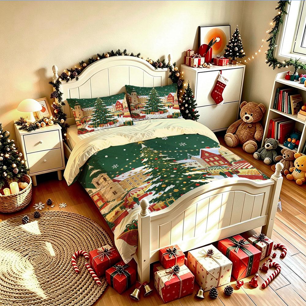Christmas Duvet Cover Set 3Pcs Snowy Town Xmas Tree Sleigh Gift Print Soft Microfiber Bedding with Pillowcases