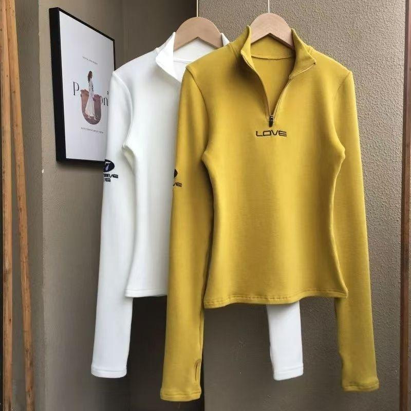 Women's Long-Sleeve T-Shirt Fall Sexy Slim Fit Stand Collar Zipper Double-Sided Fleece Base Shirt