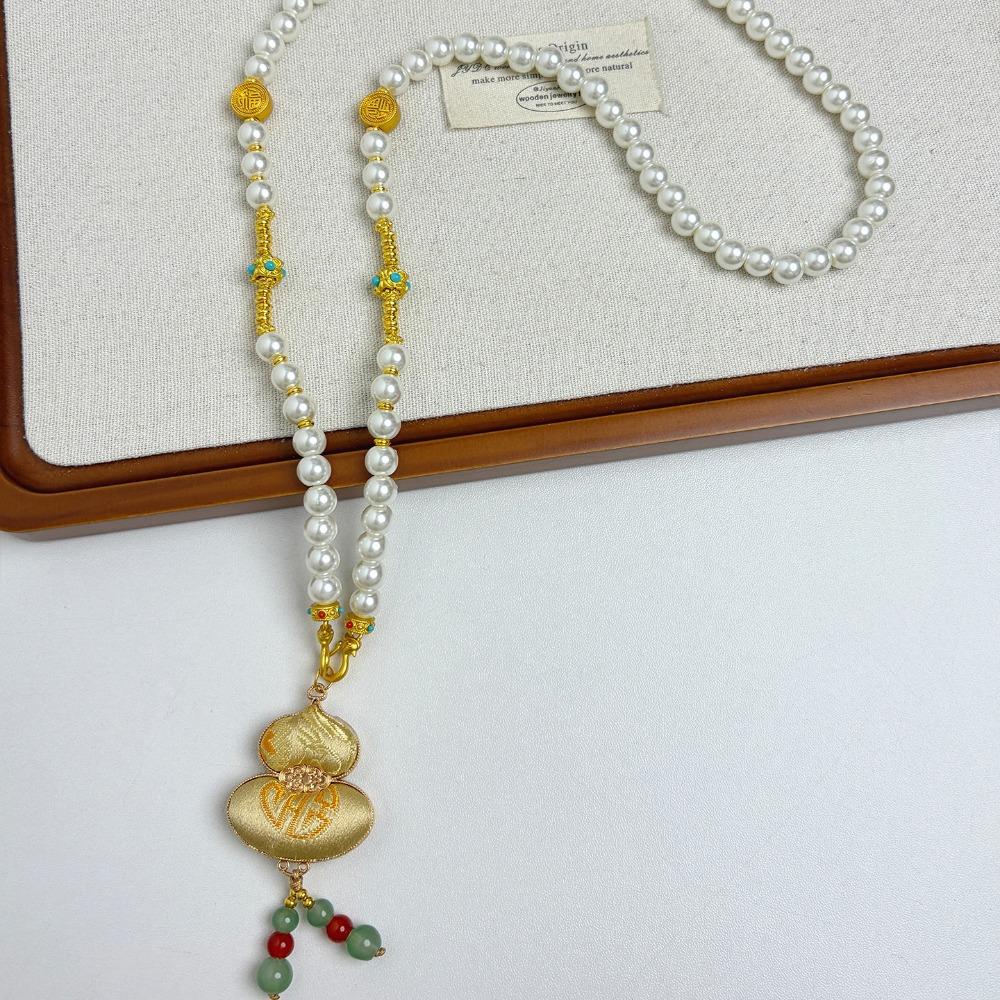Traditional Brocade Calabash Necklace Ethnic Style Tassels Detail Tassels Necklace Calabash Pendant Embroidered Pendant Necklace светло-желтого