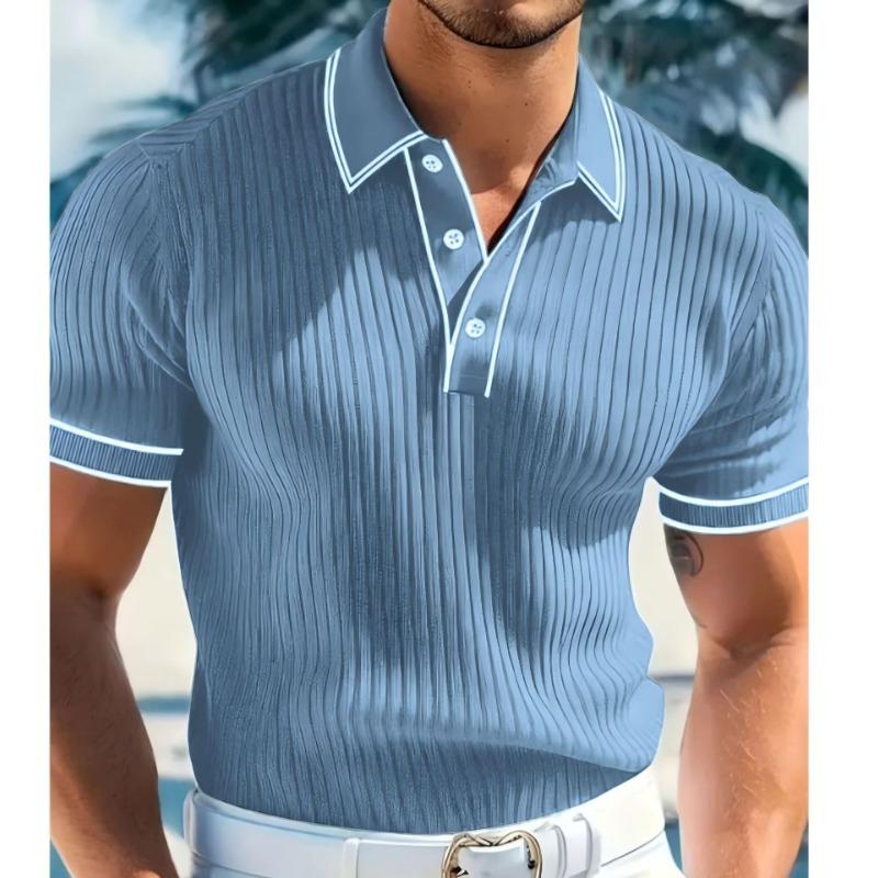 Camisa Polo de Punto de Canalé Vertical Negro para Hombre Cuello con Ribete Blanco de Contraste Manga Corta Top Casual