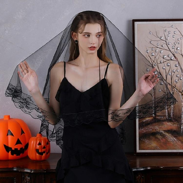 Black Lace Bridal Veils Punk Theme Headpiece Easy To Wear Halloween Wedding Accessory for Cosplay Party and Ceremonies