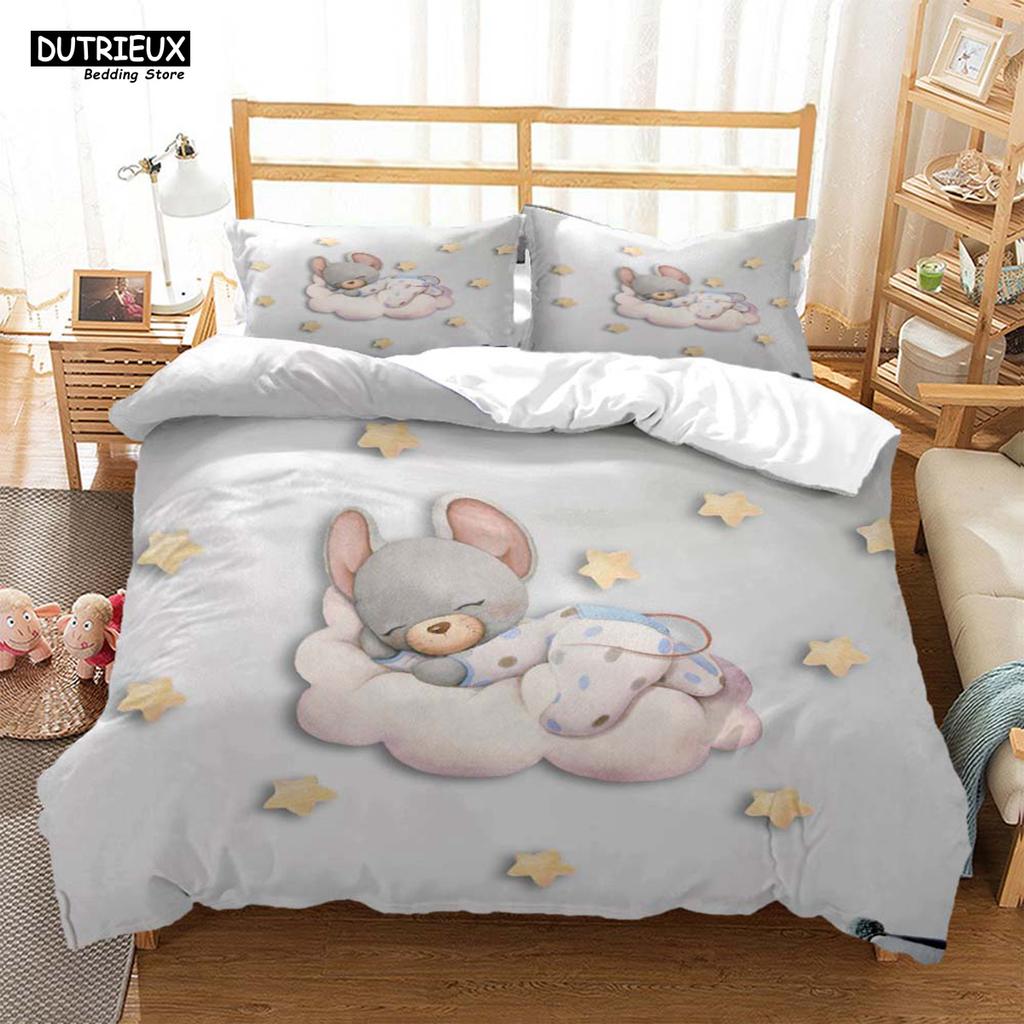 Lindo Juego de Cama de Tres Piezas con Estampado de Ratón de Dibujos Animados Suave y Cómodo Juego de Cama King Size Edredón Juegos de Cama