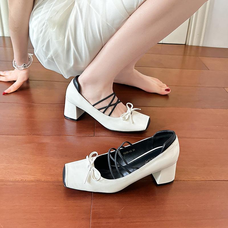 French retro color matching square head thick heel Mary Jane shoes female high heel fairy ballet shoes cross strap silver single shoes