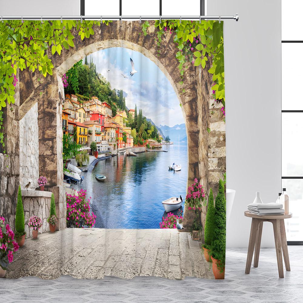Krajobraz Włoskiego Miasta Zasłony Prysznicowe Zabytkowa Architektura Kwiaty Rośliny Sceneria Natury Poliestrowa Dekoracja Zasłony do Łazienki Domowej